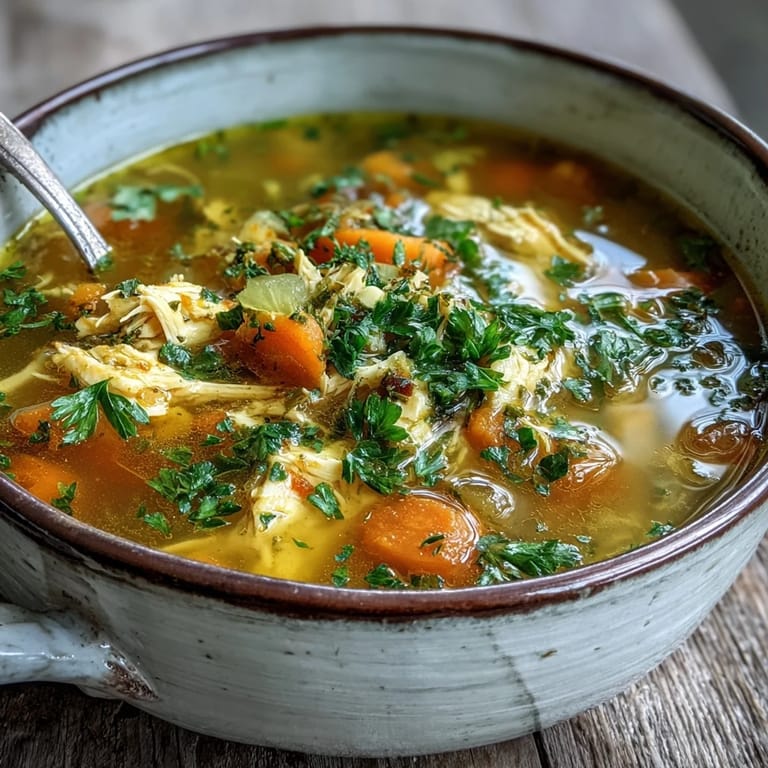 Homemade Anti-Inflammatory Turmeric Chicken Soup in a white pot, featuring bone-in chicken thighs and aromatic spices on a wooden table.