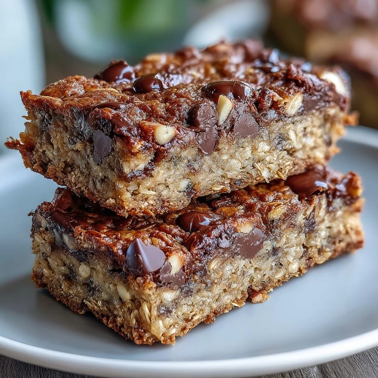 Golden-baked oatmeal bars studded with chocolate chips cool on a wire rack after baking.