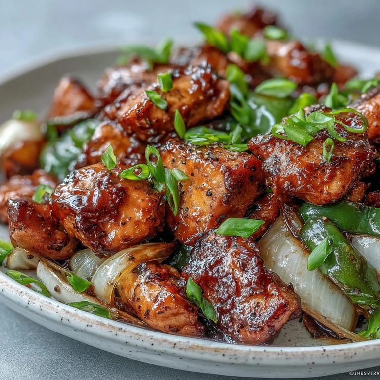 Tender chicken thighs marinated with freshly ground black pepper, stir-fried with onions and garlic in a savory sauce.