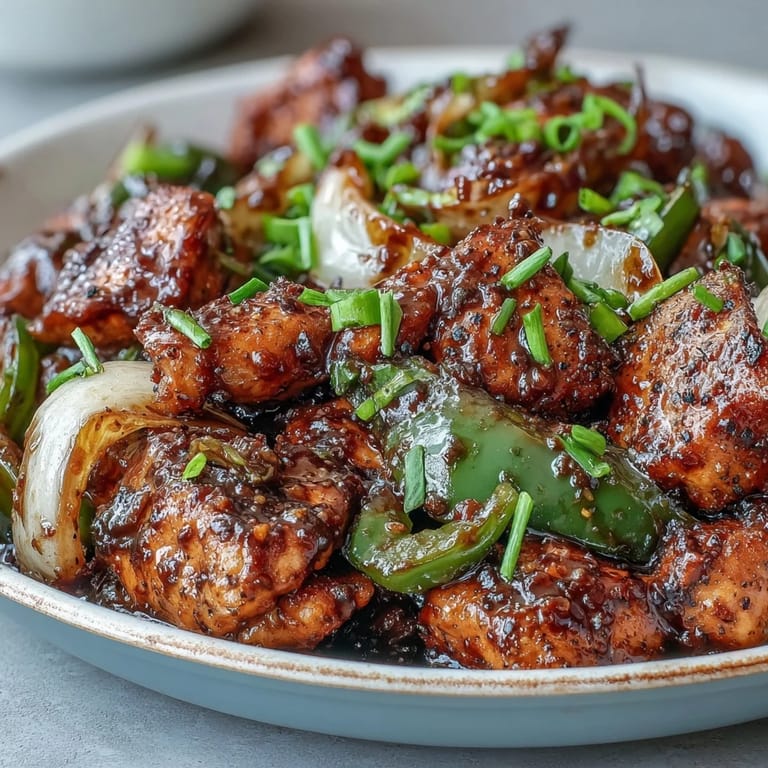 Hot skillet sizzling with Black Pepper Chicken, vibrant green bell peppers, and chopped green onions, creating an aromatic weeknight meal.