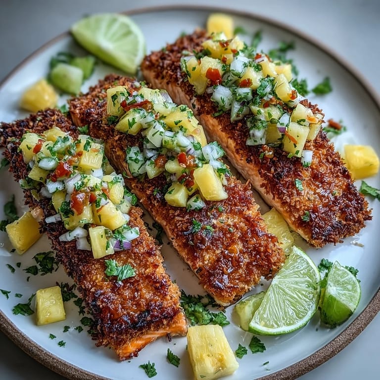 Crispy golden Coconut Crusted Salmon fillet topped with vibrant Pineapple Salsa, served alongside lime wedges for a tropical meal.