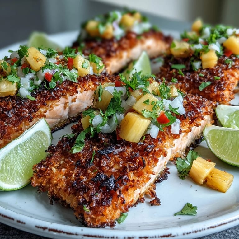 Freshly prepared Coconut Crusted Salmon with Pineapple Salsa featuring a crunchy coconut crust and colorful fruit topping.