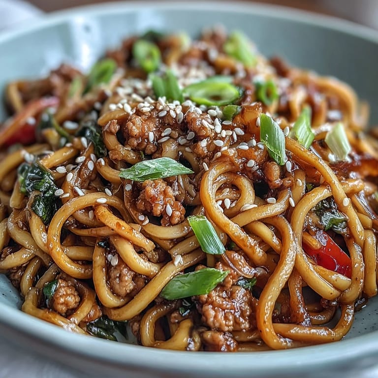 A hearty bowl of Korean Turkey Fried Noodles topped with green onions and sesame seeds.