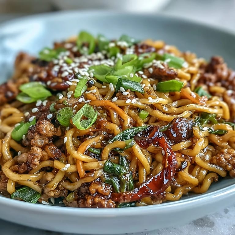 Close-up of Korean Turkey Fried Noodles tossed with crisp vegetables and savory ground turkey.