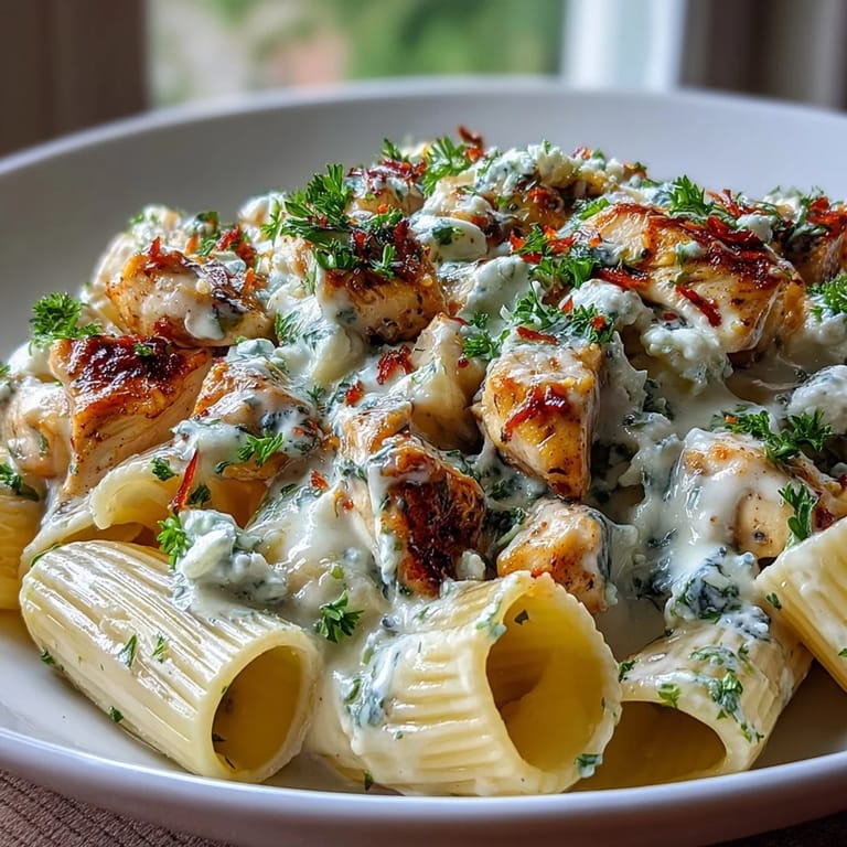 Greek-inspired Creamy Lemon Feta Chicken Pasta with Parmesan and red pepper flakes.
