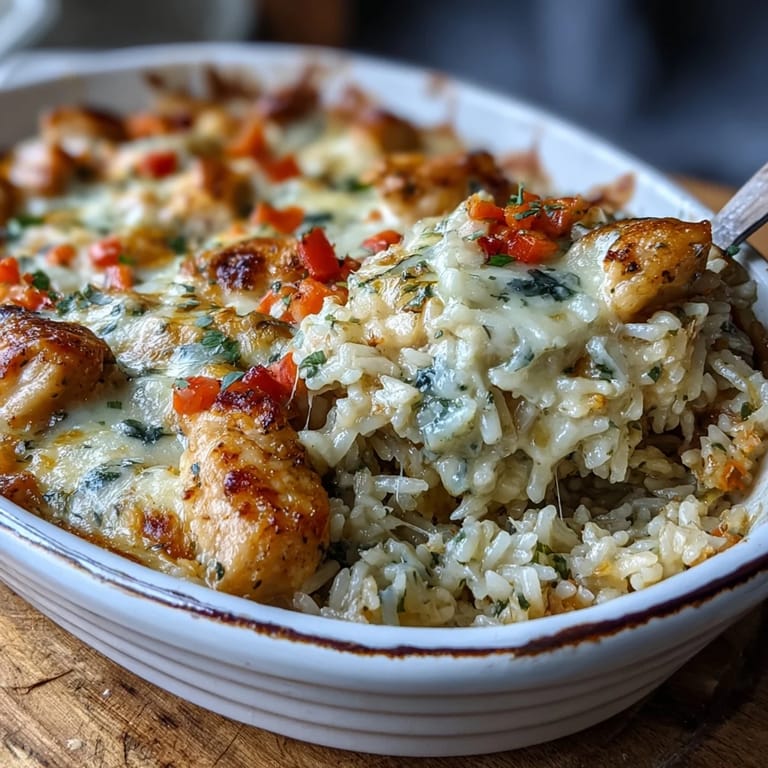 This easy weeknight dinner features tender chicken, fluffy rice, and red bell peppers in a rich garlic sauce.