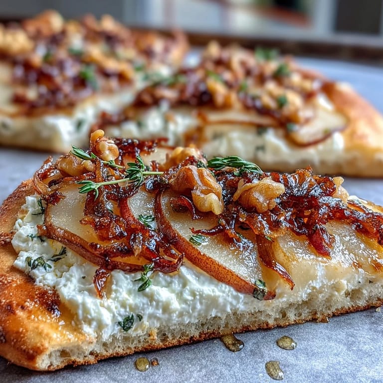 Sliced Goat Cheese & Pear Flatbread with Hot Honey on a wooden board, ready to serve as a savory appetizer.
