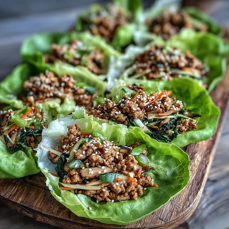 Savory turkey potsticker stir-fry lettuce wraps filled with crisp Napa cabbage and ginger, served warm with sesame garnish.