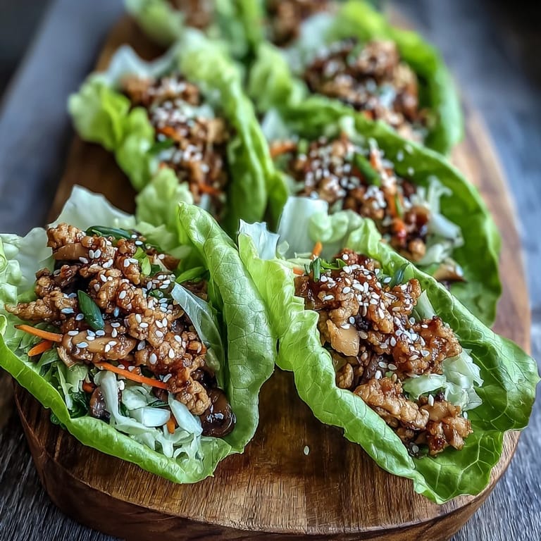 Turkey potsticker stir-fry lettuce wraps with ground turkey, shiitake mushrooms, and green onions, ready to serve family-style.