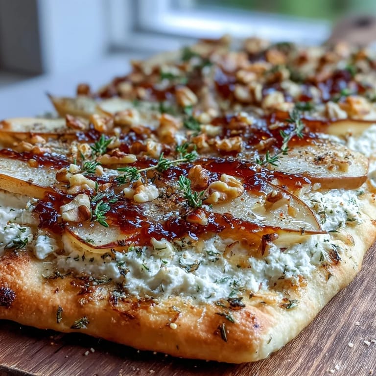 Rustic Goat Cheese & Pear Flatbread with caramelized onions and thyme, baked golden and sliced for sharing at a dinner party.