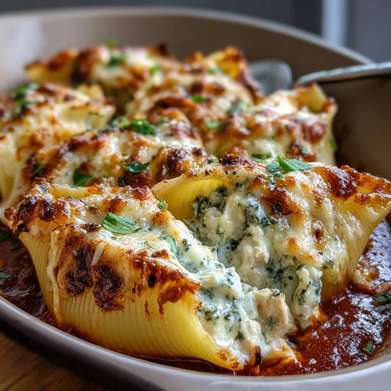A close-up of Pesto Lasagna Stuffed Shells, featuring creamy ricotta and vibrant green basil pesto inside tender jumbo pasta shells.
