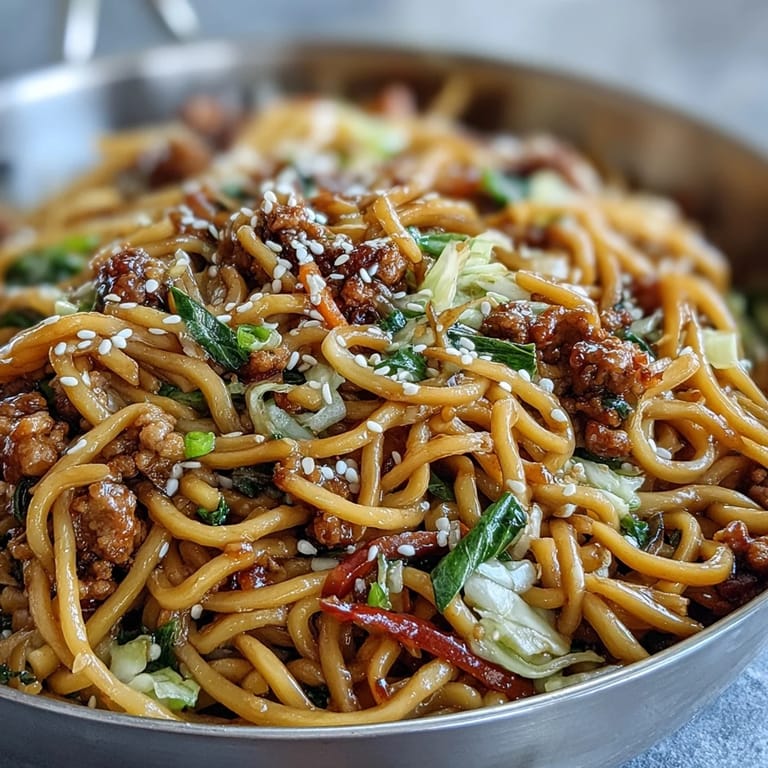 A skillet of Korean Turkey Fried Noodles tossed with ground turkey and crisp Napa cabbage, ready to serve hot.
