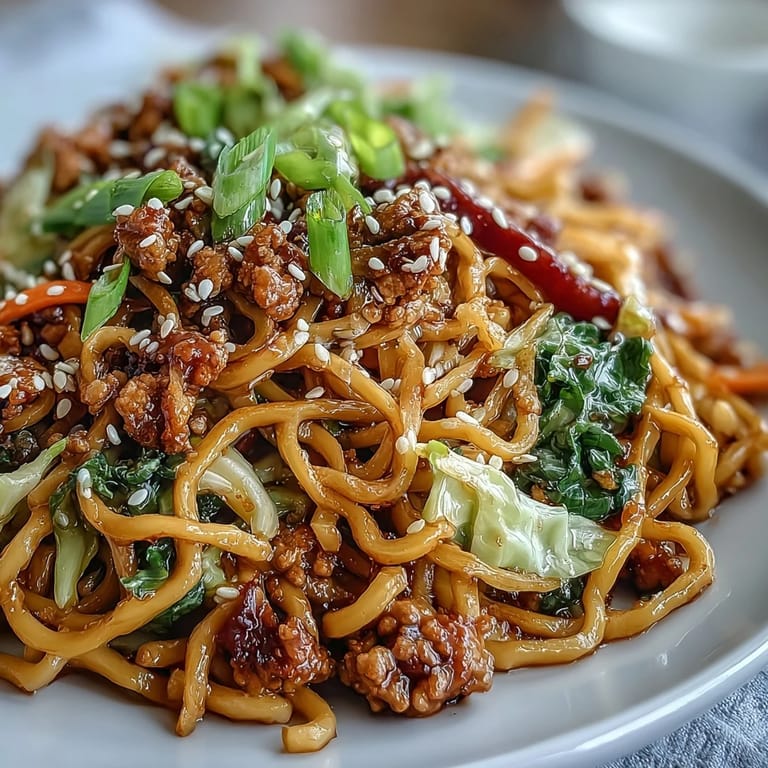 A serving of Korean Turkey Fried Noodles topped with toasted sesame seeds and fresh green onions on a plate.