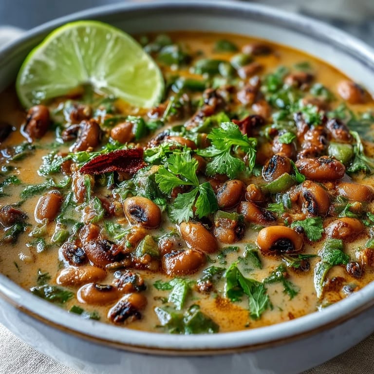 Hearty and comforting black-eyed pea curry with tender legumes in a fragrant turmeric-coconut sauce, perfect for a cozy dinner.