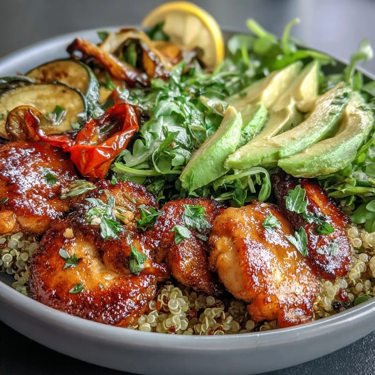 Smoky paprika-roasted vegetables, hearty quinoa, and tender chicken slices served with fresh greens and avocado for a nourishing, gluten-free meal.  