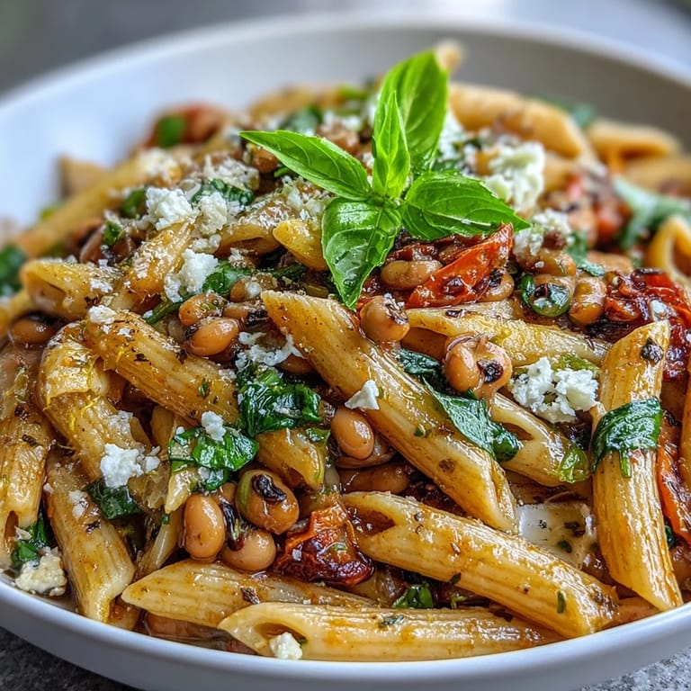 Wholesome black-eyed pea pasta featuring tender legumes, aromatic garlic, and crumbled feta for a satisfying main dish.