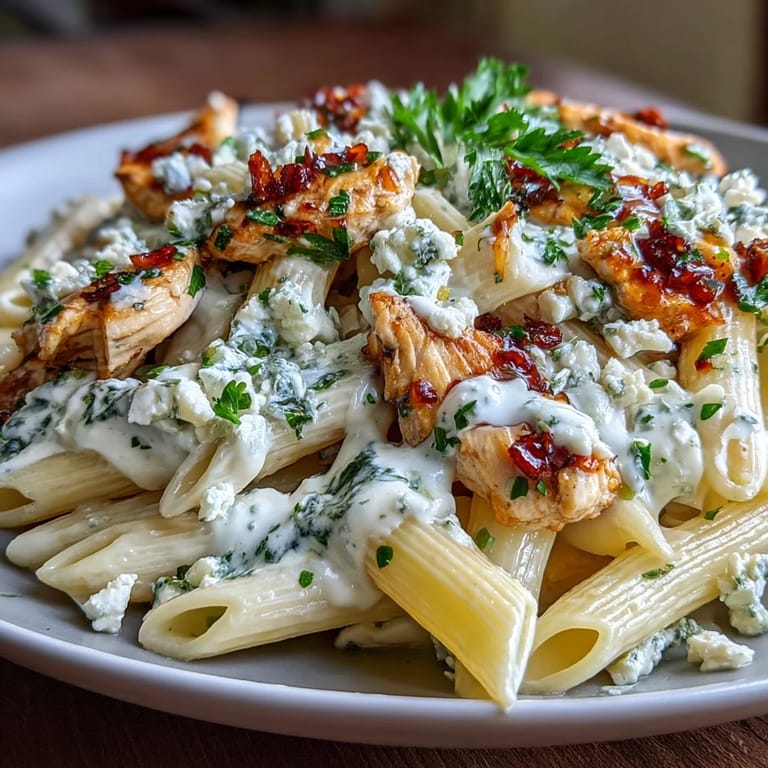 A close-up of Creamy Lemon Feta Chicken Pasta, showcasing the silky lemon cream sauce coating penne and tender chicken.  