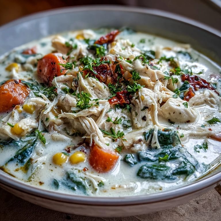 Ranch-seasoned chicken soup brimming with hearty potatoes, sweet corn, and leafy spinach in a rich, creamy broth.