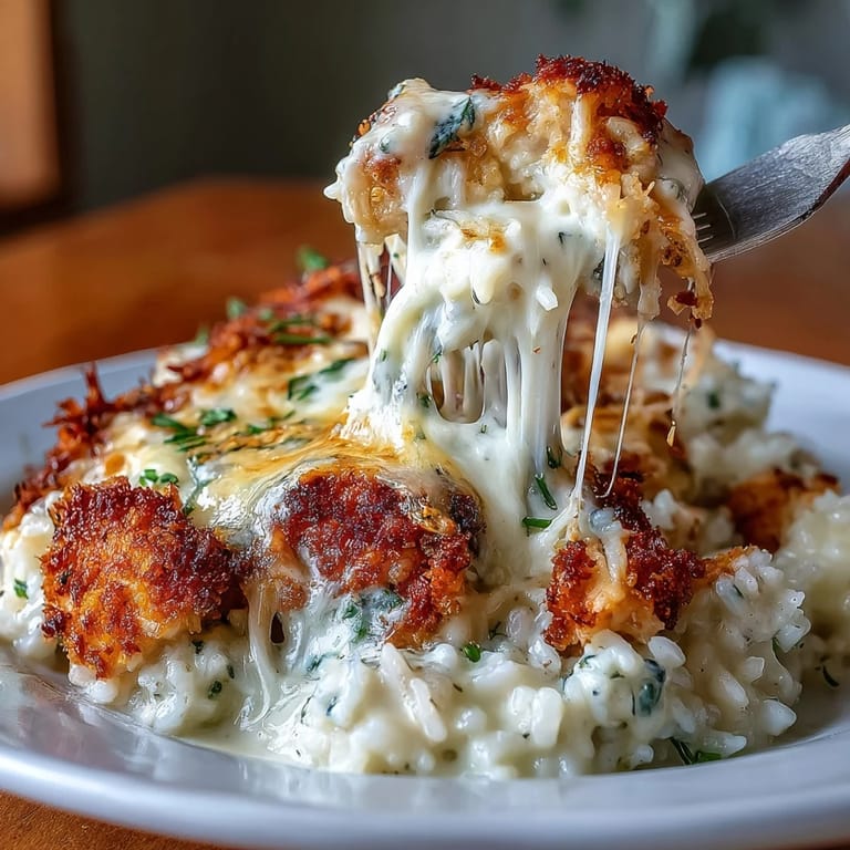 Cheesy garlic chicken casserole with vegetables, rice, and a crispy Parmesan-panko crust, perfect for family dinners.