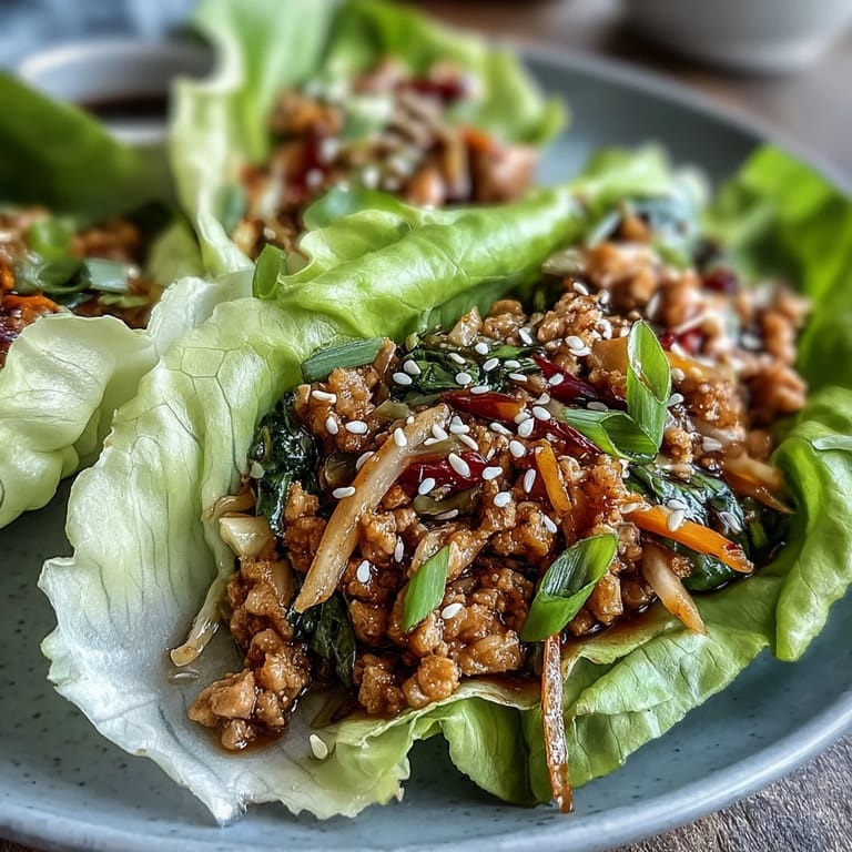 Asian-inspired lettuce wraps featuring turkey potsticker stir-fry, colorful bell peppers, carrots, and a drizzle of sesame oil.