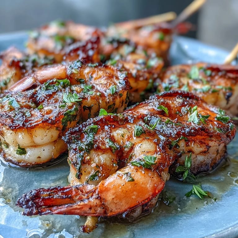 Plump shrimp marinated in zesty lemon and fragrant herbs, threaded on skewers and grilled until perfectly charred and juicy.  