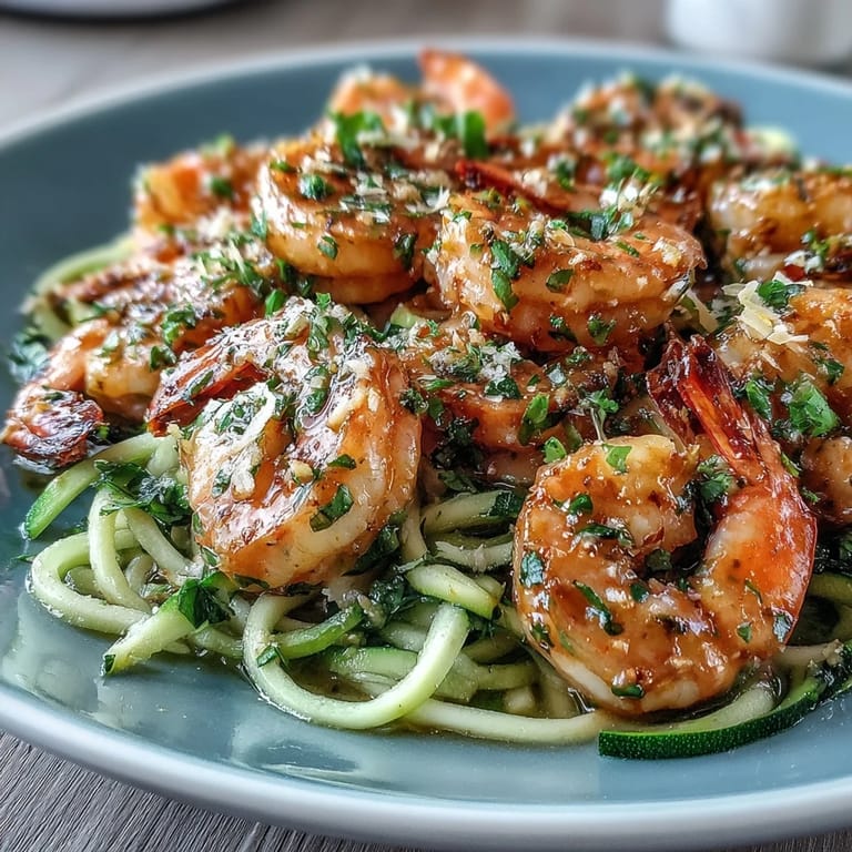 Close-up view of skinny shrimp scampi with zucchini noodles, showcasing juicy shrimp and bright lemon-garlic flavors over fresh zucchini strands. Garnished with parsley for extra color.  
