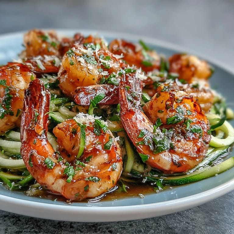 Skinny shrimp scampi with zucchini noodles served in a white bowl, highlighting the dish's vibrant colors and fresh ingredients for a light, flavorful, and healthy meal.
