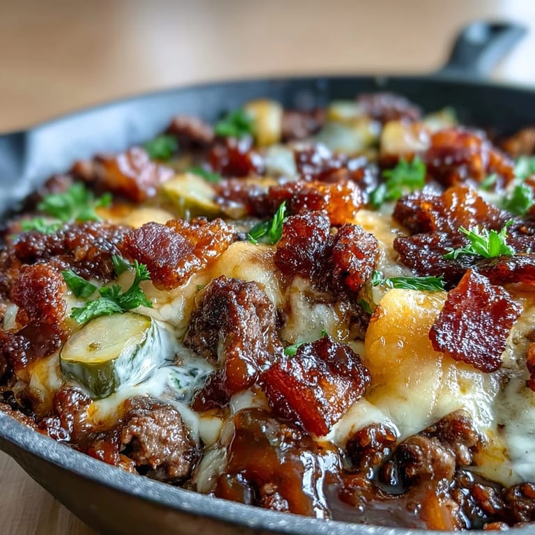 Hearty one-pan Keto BBQ Bacon Cheeseburger Skillet loaded with smoky paprika, sugar-free BBQ sauce, and gooey melted cheese.
