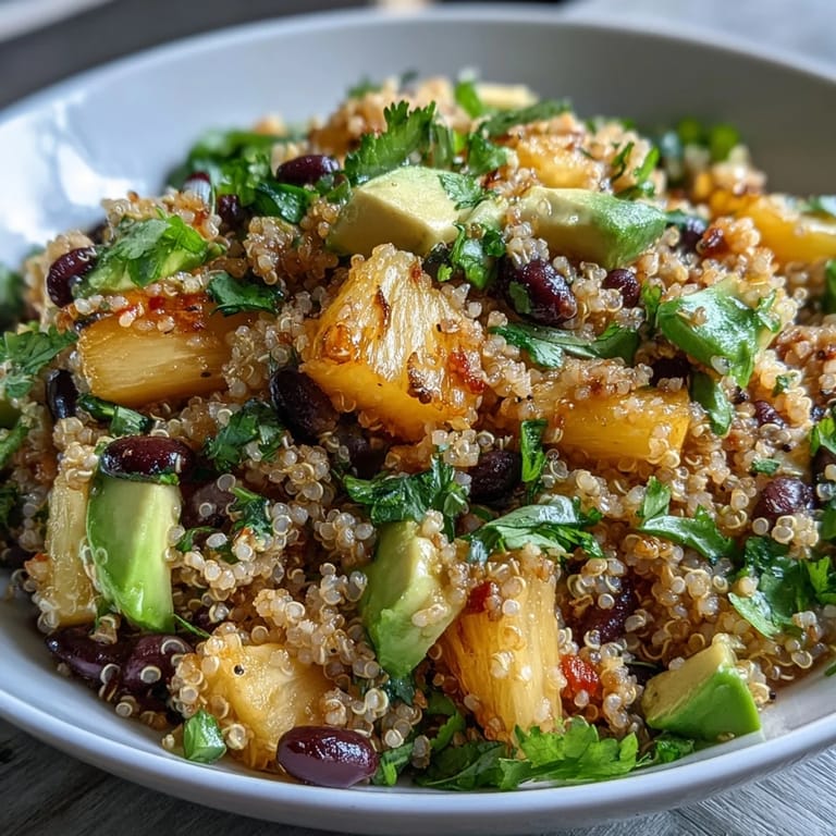 A refreshing bowl of tropical quinoa salad featuring avocado, cherry tomatoes, and a bright lime-cumin dressing for a healthy meal.