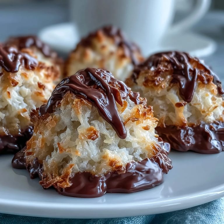Platter of vegan coconut macaroons drizzled with dark chocolate, featuring golden toasted coconut and glossy chocolate swirls.
