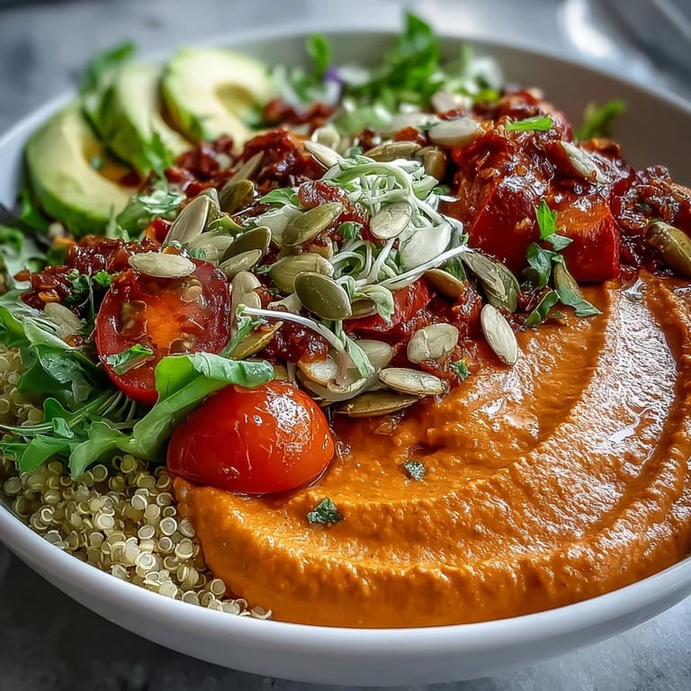 Wholesome vegan Buddha bowl with silky roasted red pepper hummus, crunchy cabbage, and hearty grains for a satisfying, protein-packed lunch.