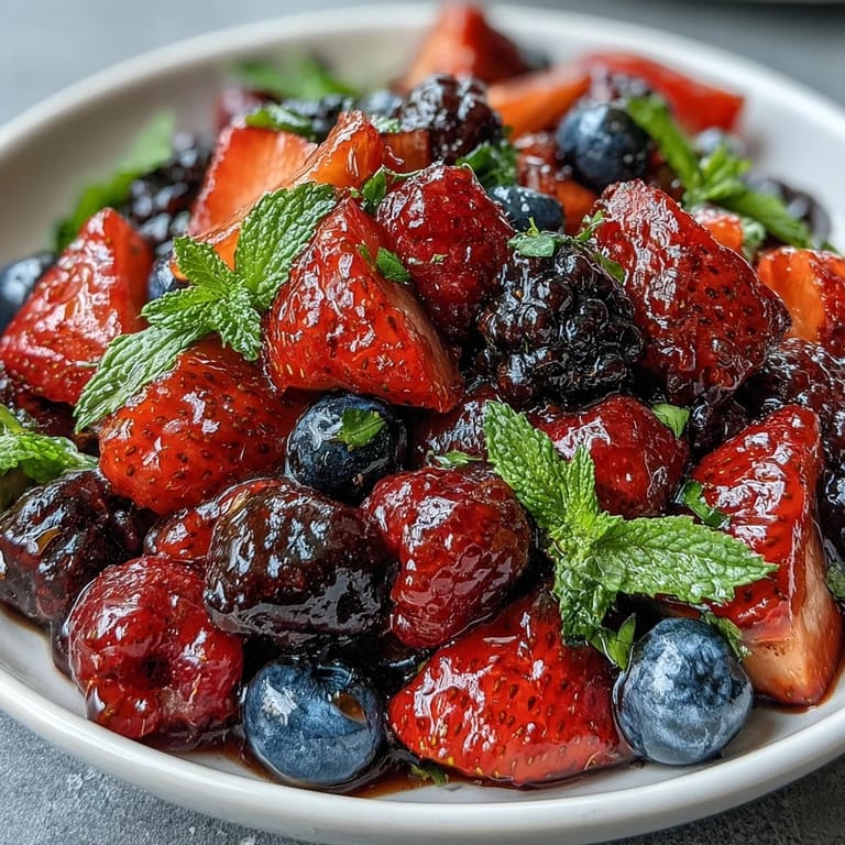 Refreshing summer berry salad with mint and honey, showcasing juicy berries and a light citrus drizzle.