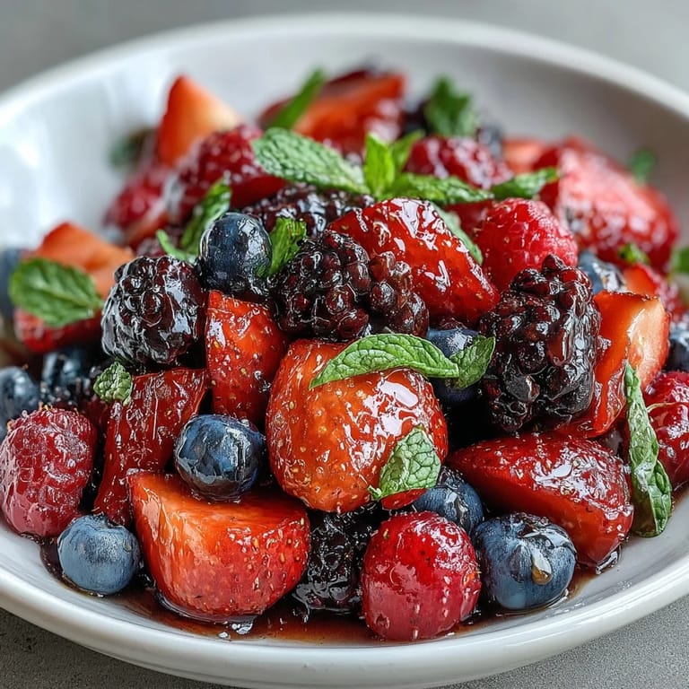 A colorful mix of blackberries, strawberries, and blueberries drizzled with honey-lemon dressing and fresh mint.  