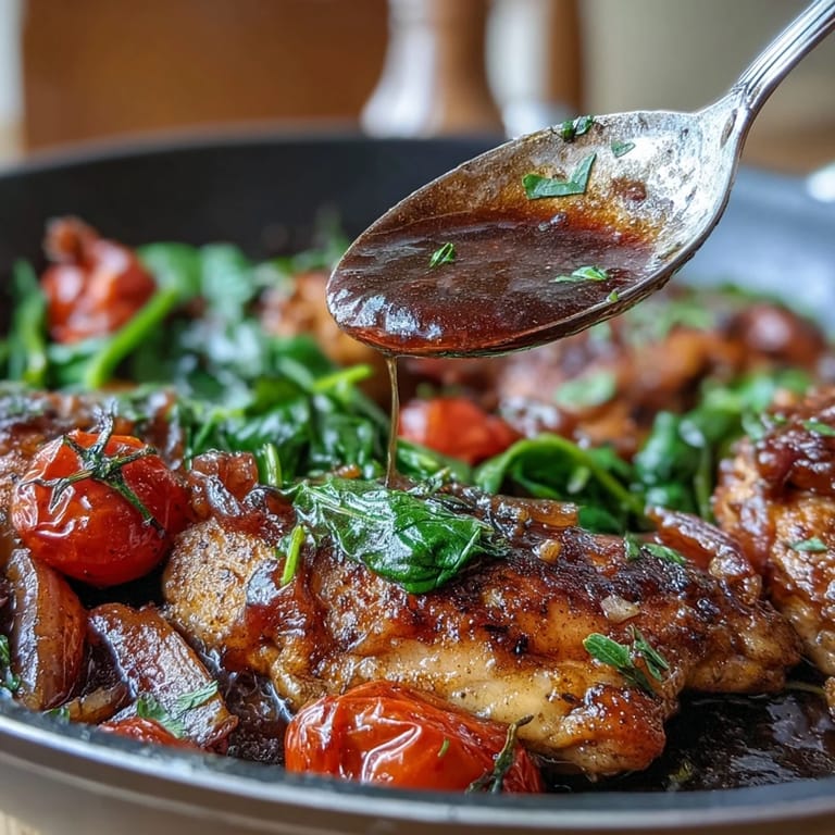 Easy balsamic chicken skillet recipe with tender chicken simmered in a savory-sweet glaze alongside fresh baby spinach and juicy cherry tomatoes.  