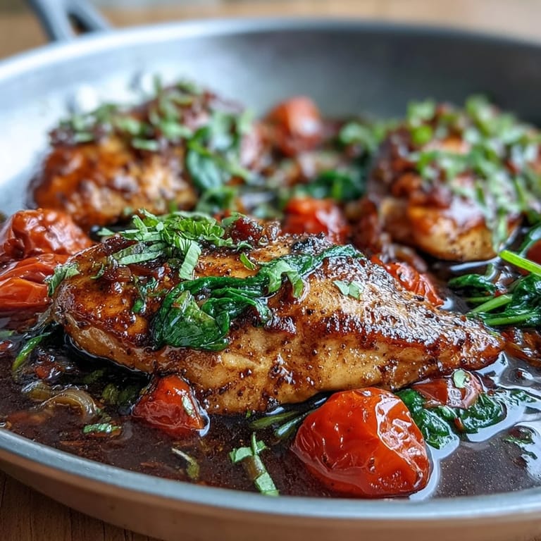 Healthy one-pan chicken dinner with balsamic vinegar, cherry tomatoes, and spinach, topped with fresh basil and optional crumbled feta for a Mediterranean twist.
