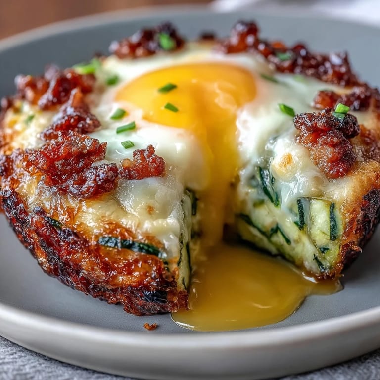 Nutritious keto zucchini nests filled with smoky bacon and eggs, garnished with fresh chives for flavor.