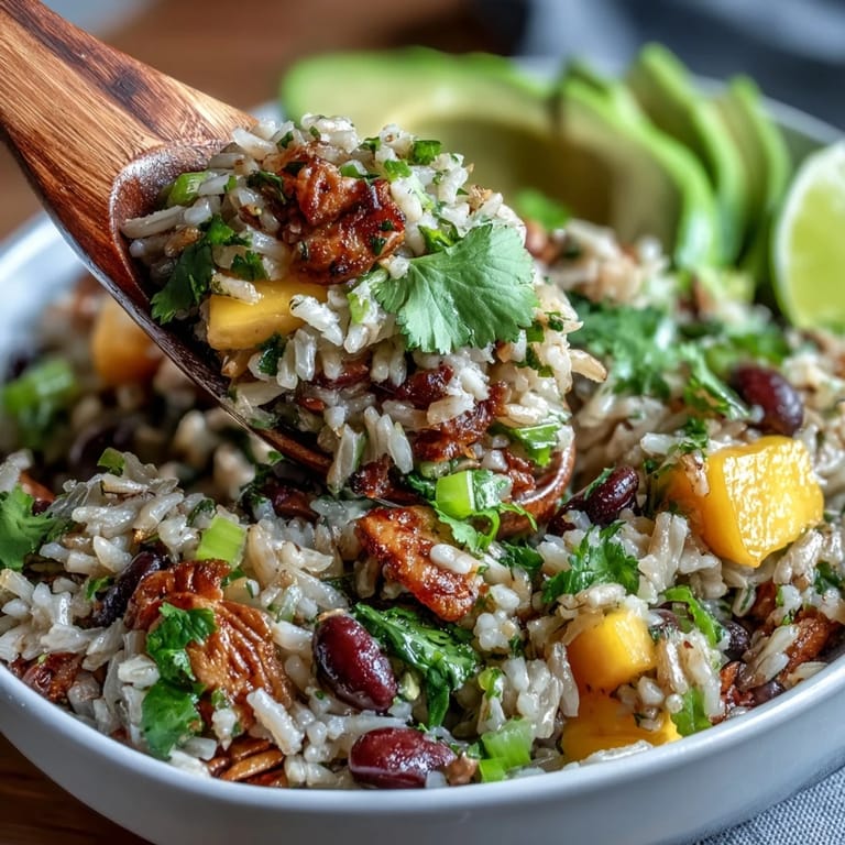 Colorful and hearty mango black bean rice bowl loaded with diced mango, red bell pepper, and cilantro, drizzled with a tangy lime dressing.  