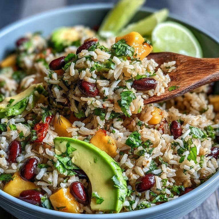 Wholesome vegetarian fiesta bowl featuring nutty brown rice, black beans, juicy mango, and crisp vegetables, topped with creamy avocado and fresh herbs.