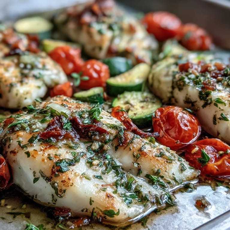 Healthy Sheet Pan Garlic Herb Tilapia with Zucchini and Cherry Tomatoes - Juicy cherry tomatoes and zucchini slices roast together with flaky tilapia, seasoned with garlic, parsley, and basil for a quick, nutritious meal.