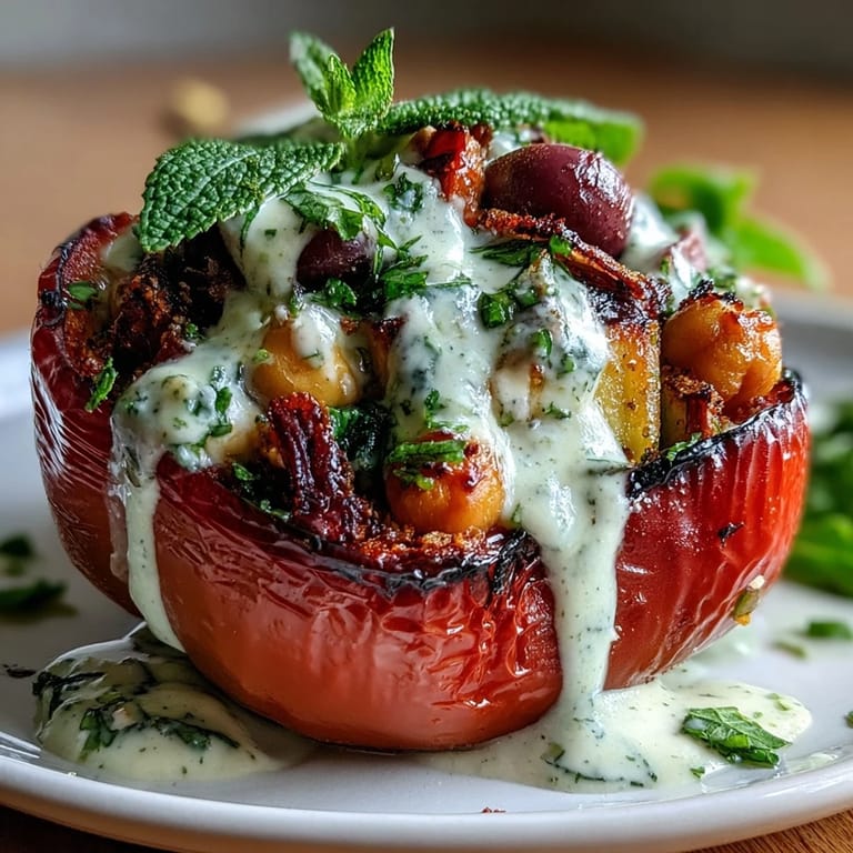 Hearty bell peppers packed with herbed chickpea filling, roasted to perfection and topped with zesty lemon tahini for a satisfying vegan meal.