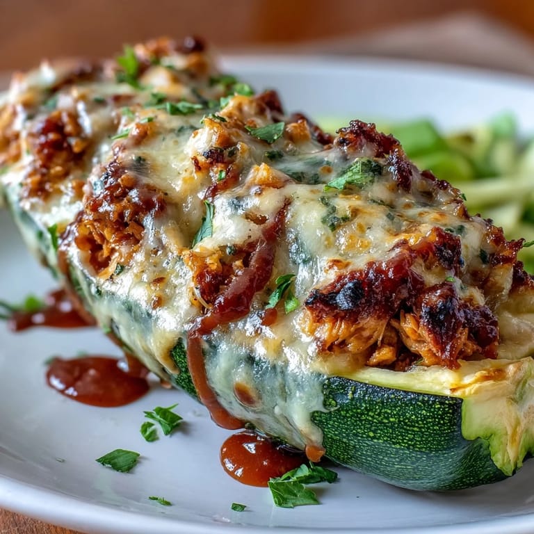 Protein-packed zucchini boats filled with BBQ chicken and topped with cheddar cheese.