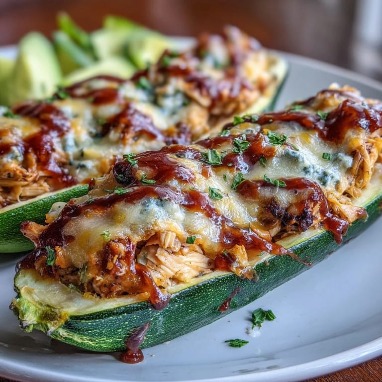 Light and flavorful BBQ chicken stuffed zucchini boats, perfect for a healthy dinner.