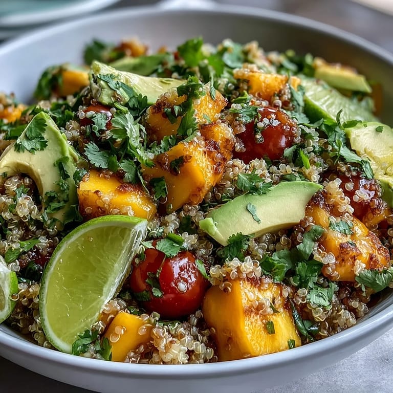 Close-up of Tropical Mango Avocado Quinoa Salad with Lime Dressing, featuring ripe mango and creamy avocado.  