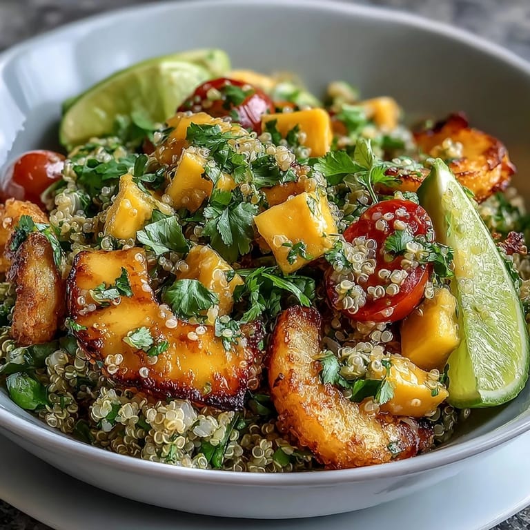 Tropical Mango Avocado Quinoa Salad with Lime Dressing, garnished with cilantro and cherry tomatoes.