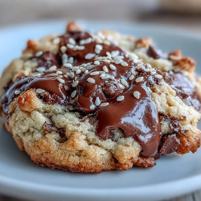 Nutty tahini cookies with melty chocolate chips, offering a delightful twist on traditional chocolate chip cookies.