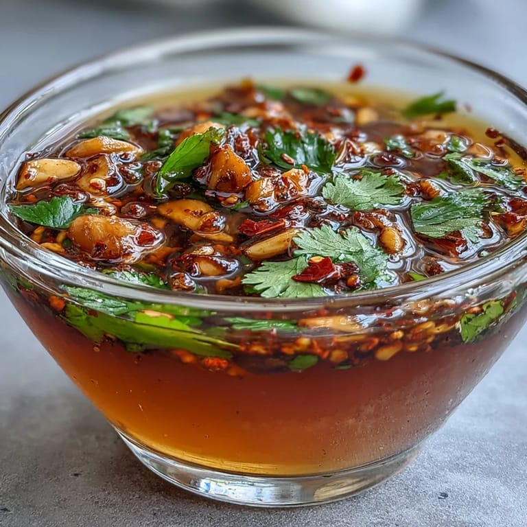 Vibrant chili oil dipping sauce with fresh cilantro and Sichuan peppercorns, perfect for dumplings and noodles.  