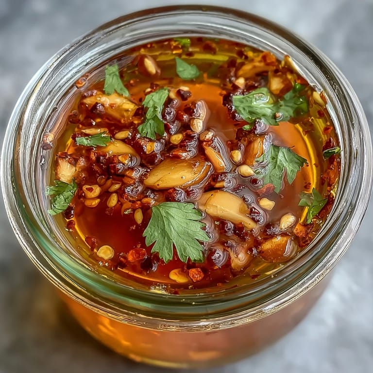 Silky garlic chili oil sauce with aromatic ginger and herbs, served alongside crispy dumplings and steamed buns.