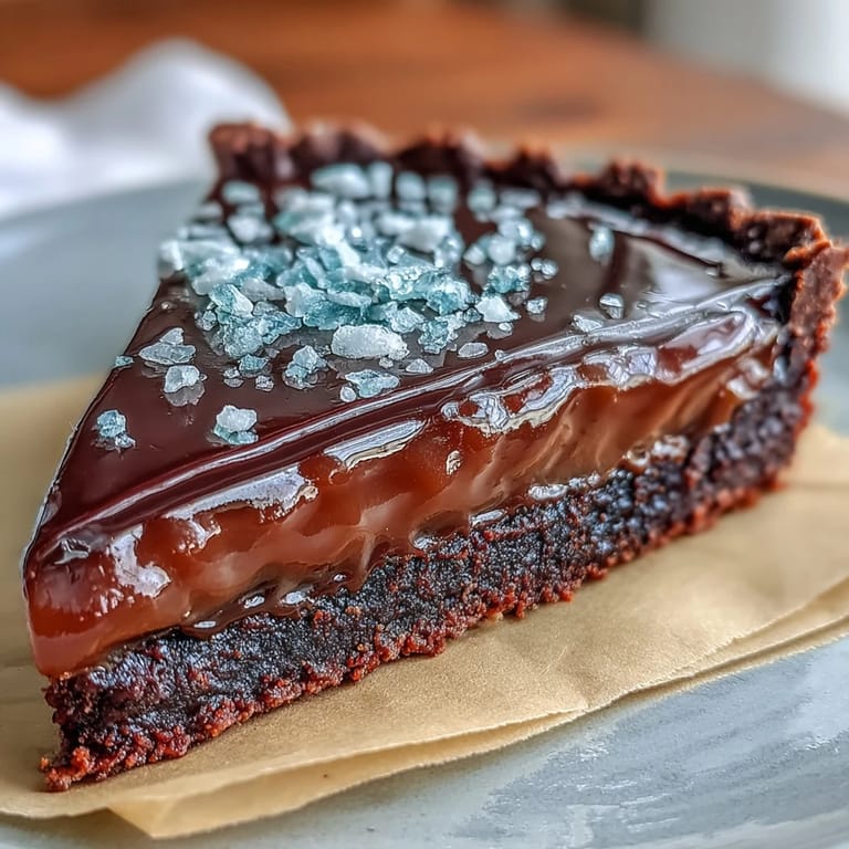 Rich dark chocolate tart layered with silky salted caramel, perfect for dessert lovers.  