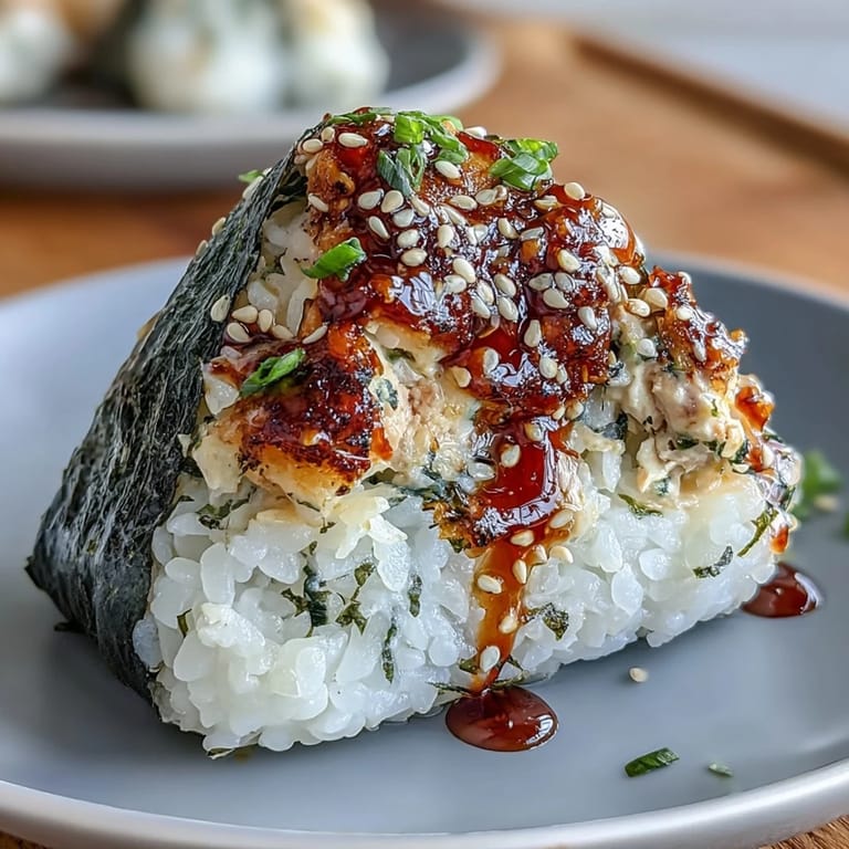 A handheld shot of homemade spicy tuna onigiri, perfectly shaped triangles with a sprinkle of sesame seeds and a side of soy sauce.