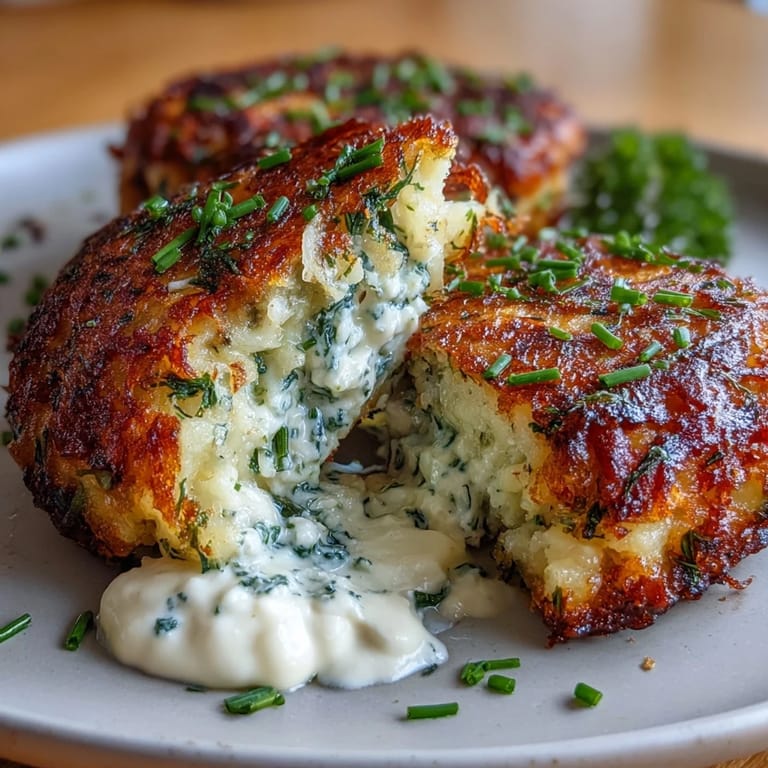 A stack of herb-infused potato fritters topped with a dollop of sour cream and a sprinkle of fresh chives, ready to serve.  